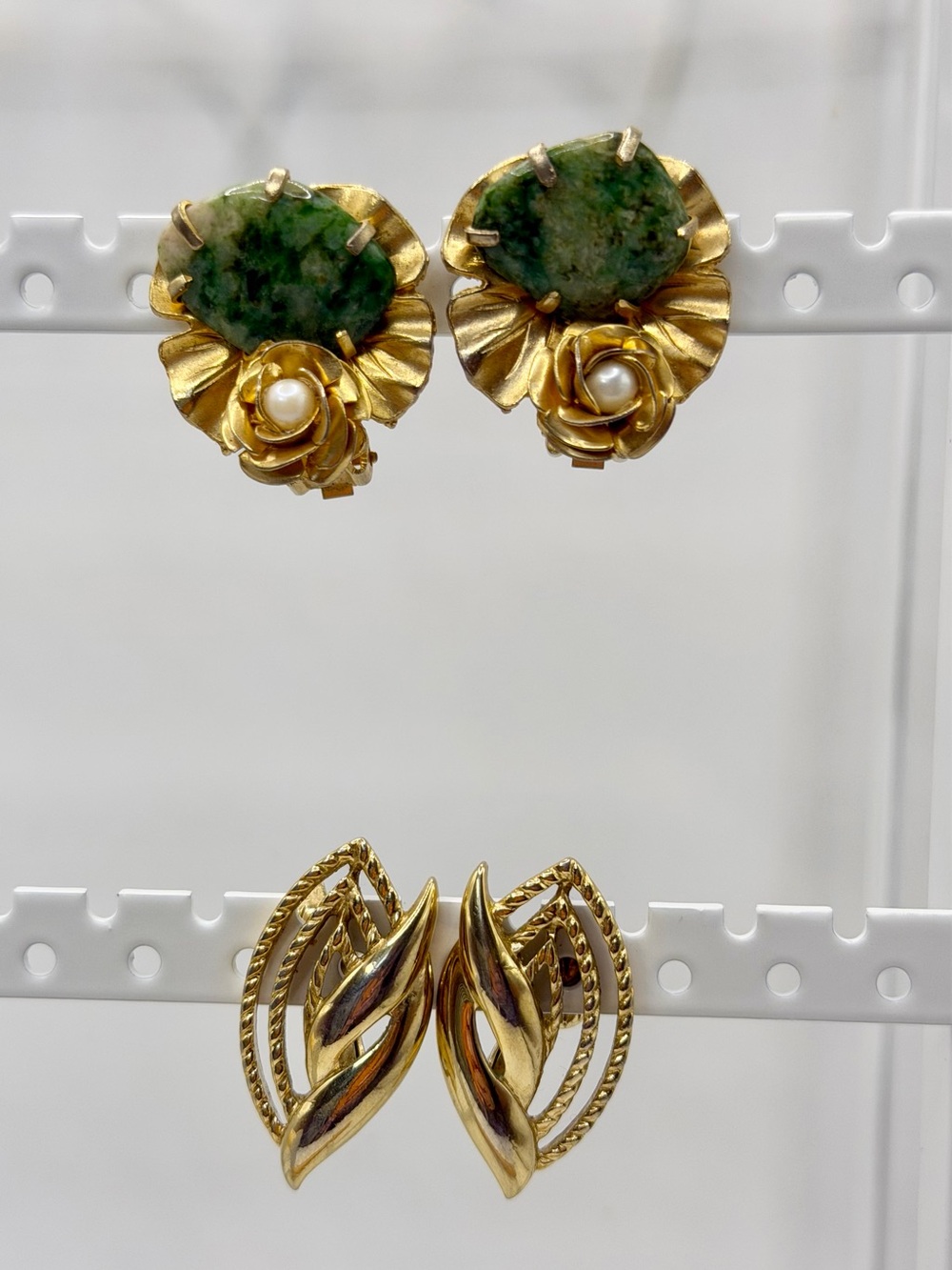 Vintage Clip-On Earring Lot - Signed Trifari Gold Tone & Green Floral Rose
